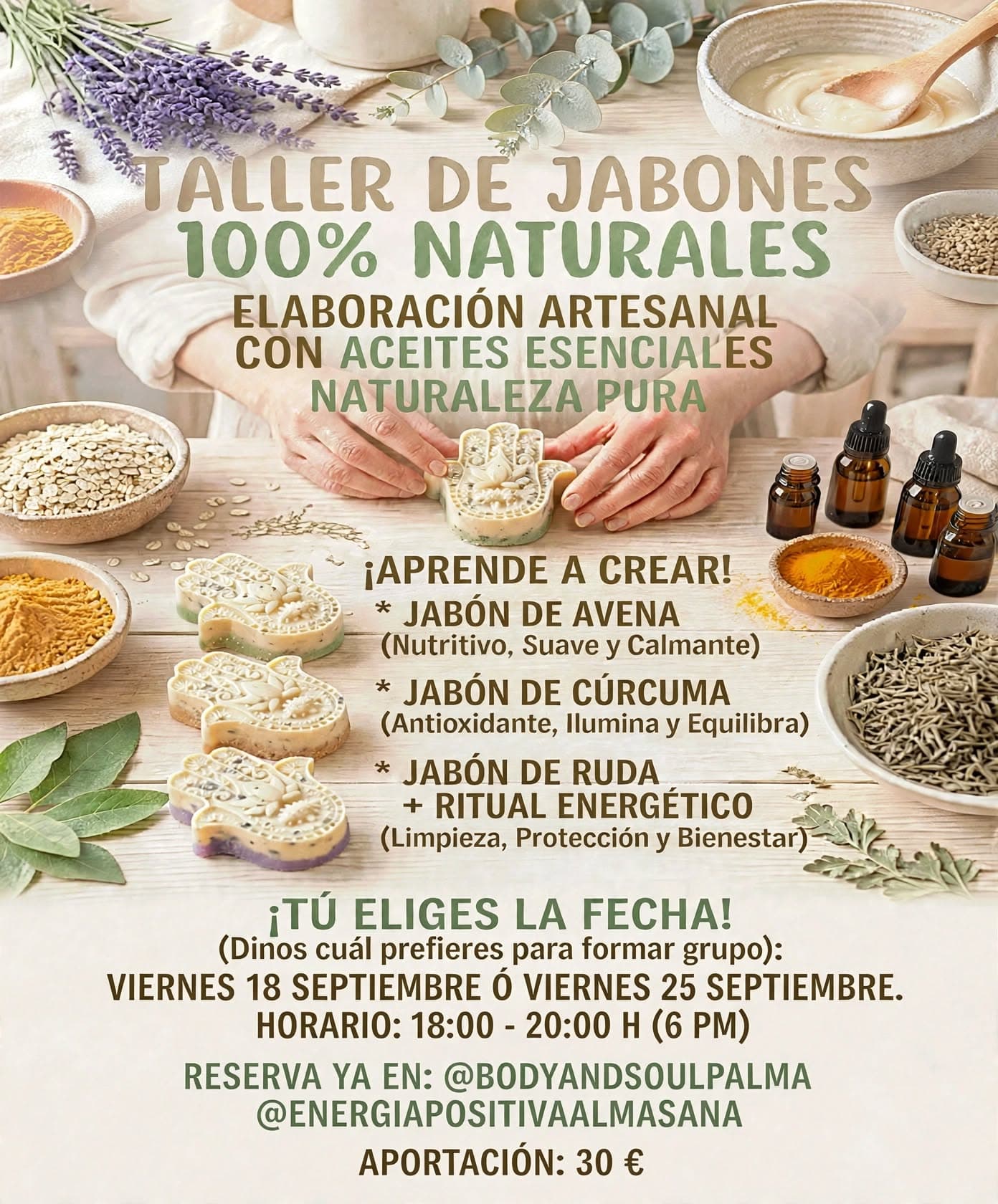 Taller de jabón artesanal con ingredientes cien 100% naturales.